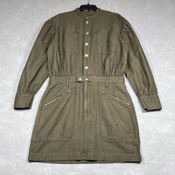 Frame Moto Zip Dress Womens Large Army Green Snap Front Mini Long Sleeve Denim - Picture 1 of 16